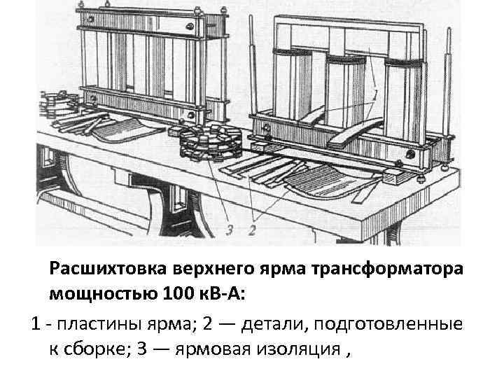 Расшихтовка верхнего ярма трансформатора мощностью 100 к. В-А: 1 пластины ярма; 2 — детали,