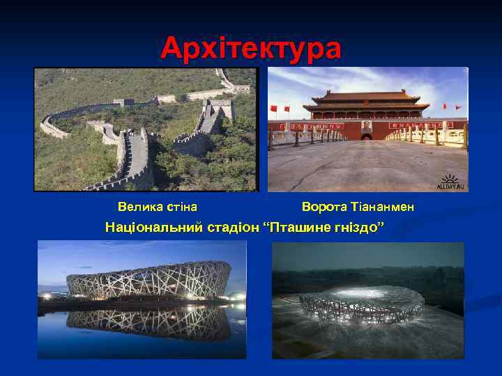 Архітектура Велика стіна Ворота Тіананмен Національний стадіон “Пташине гніздо” 