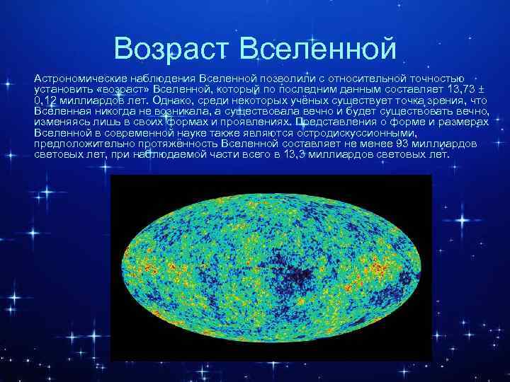 Возраст Вселенной Астрономические наблюдения Вселенной позволили с относительной точностью установить «возраст» Вселенной, который по