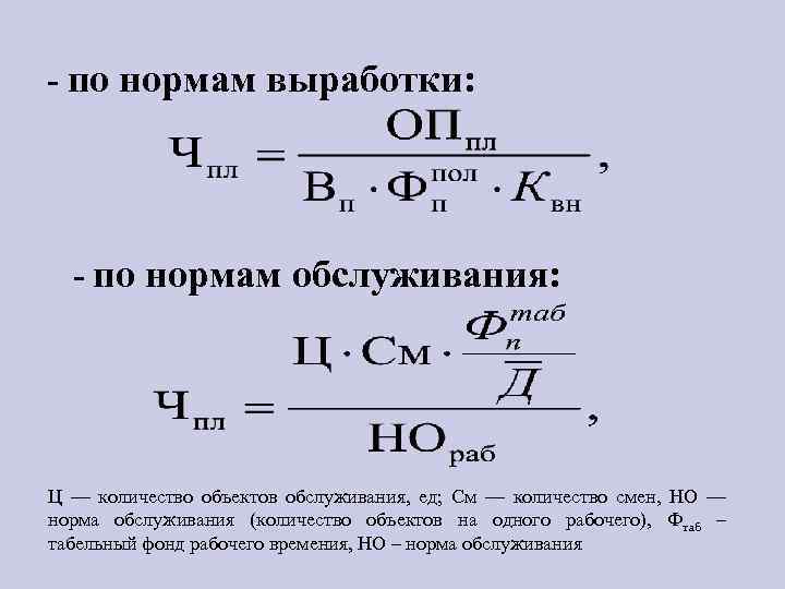 - по нормам выработки: - по нормам обслуживания: Ц — количество объектов обслуживания, ед;
