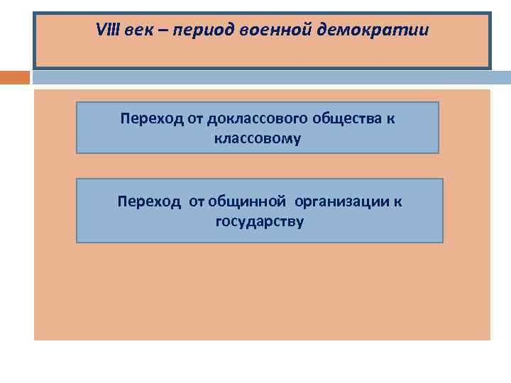 VIII век – период военной демократии Переход от доклассового общества к классовому Переход от