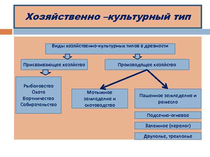 Хозяйственно –культурный тип Виды хозяйственно-культурных типов в древности Присваивающее хозяйство Рыболовство Охота Бортничество Собирательство