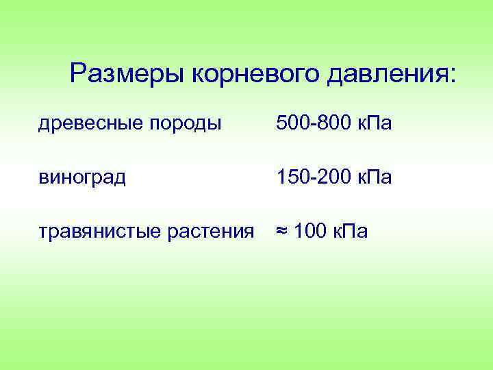 Размеры корневого давления: древесные породы 500 800 к. Па виноград 150 200 к. Па