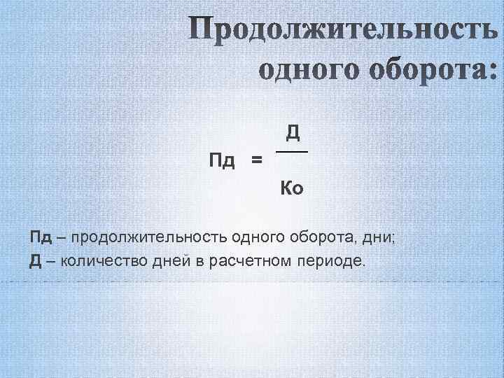 Д Пд = Ко Пд – продолжительность одного оборота, дни; Д – количество дней