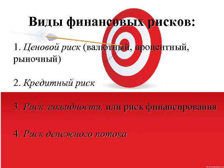 Виды финансовых рисков: 1. Ценовой риск (валютный, процентный, рыночный) 2. Кредитный риск 3. Риск
