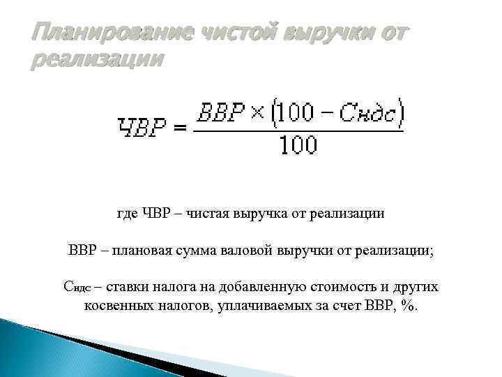 Планирование чистой выручки от реализации где ЧВР – чистая выручка от реализации ВВР –