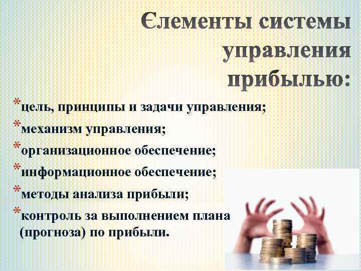 *цель, принципы и задачи управления; *механизм управления; *организационное обеспечение; *информационное обеспечение; *методы анализа прибыли;