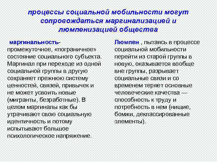 Социальная мобильность процесс. Процесс социальной мобильности. Социальная мобильность маргиналы. Мобильность процессов это. Маргинализацией и люмпенизацией общества..