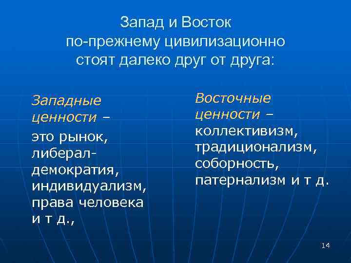 Запад и Восток по-прежнему цивилизационно стоят далеко друг от друга: Западные ценности – это