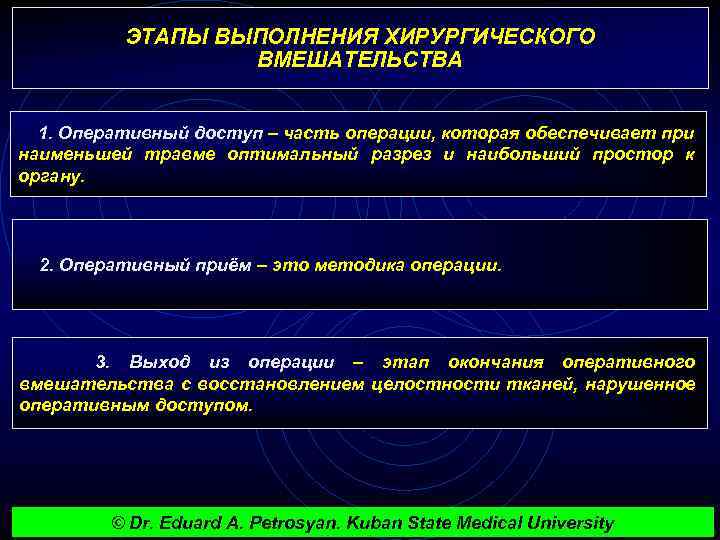 ЭТАПЫ ВЫПОЛНЕНИЯ ХИРУРГИЧЕСКОГО ВМЕШАТЕЛЬСТВА 1. Оперативный доступ – часть операции, которая обеспечивает при наименьшей