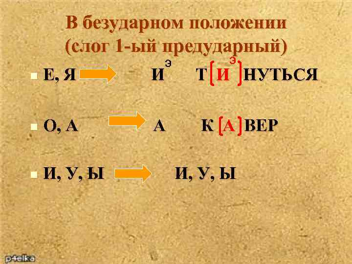 В безударном положении (слог 1 -ый предударный) Э n Е, Я И n О,