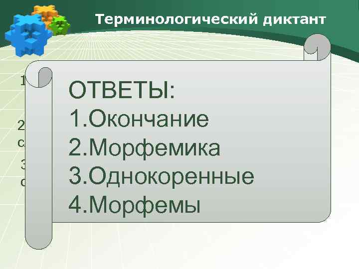 Терминологический диктант 1. Выражает грамматическое значение слова. ОТВЕТЫ: 1. Окончание 2. Раздел о языке,