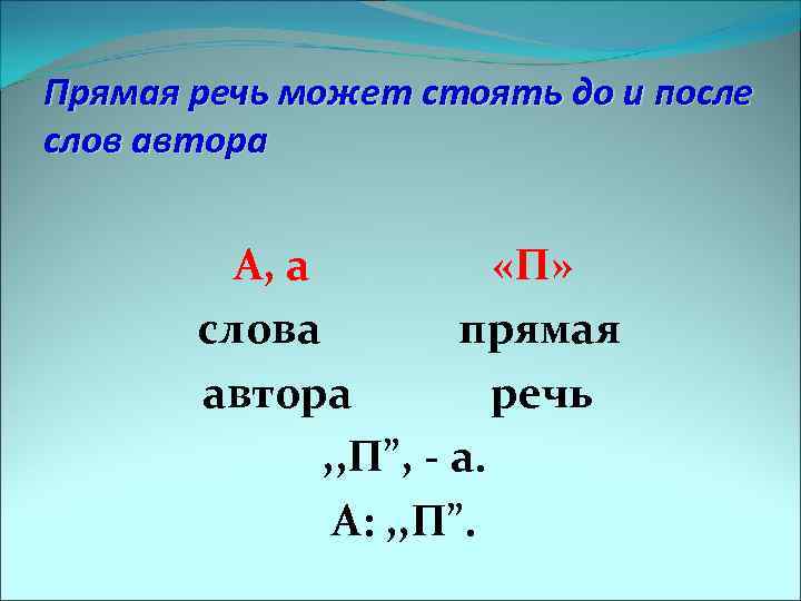 Прямая речь может стоять до и после слов автора А, а «П» слова прямая