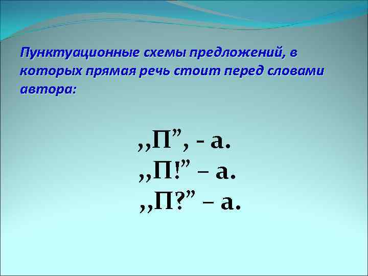 Пунктуационные схемы предложений, в которых прямая речь стоит перед словами автора: , , П”,