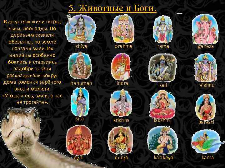5. Животные и Боги. В джунглях жили тигры, львы, леопарды. По деревьям скакали обезьяны,