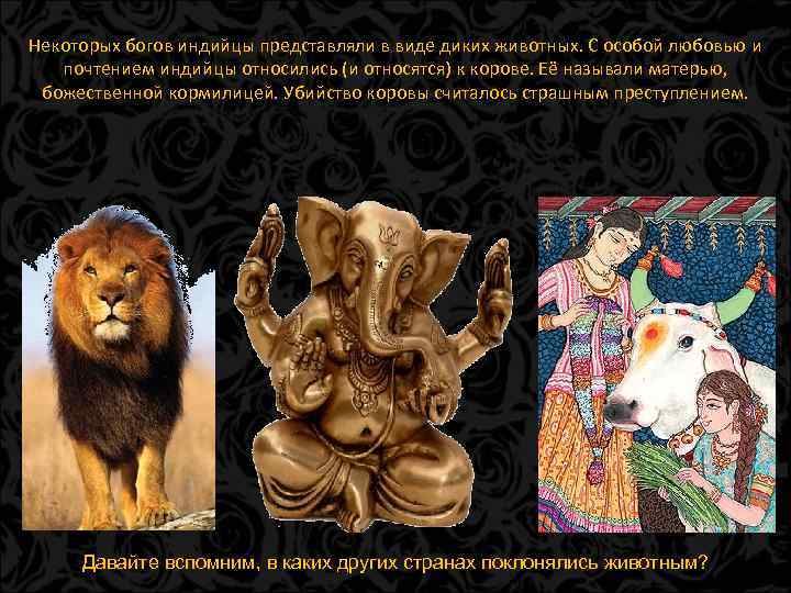 Некоторых богов индийцы представляли в виде диких животных. С особой любовью и почтением индийцы