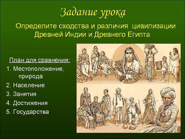 Задание урока Определите сходства и различия цивилизации Древней Индии и Древнего Египта План для