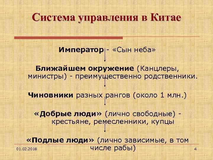 Система управления в Китае Император - «Сын неба» Ближайшем окружение (Канцлеры, министры) - преимущественно