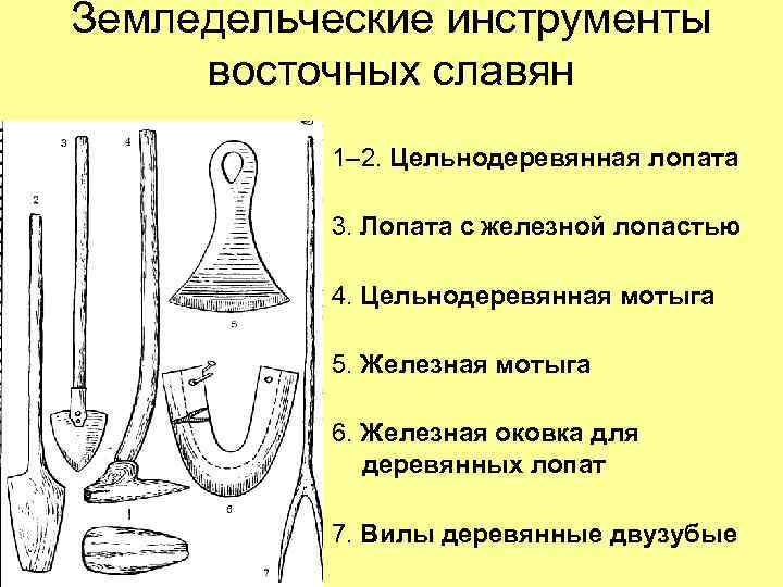 Земледельческие инструменты восточных славян 1– 2. Цельнодеревянная лопата 3. Лопата с железной лопастью 4.