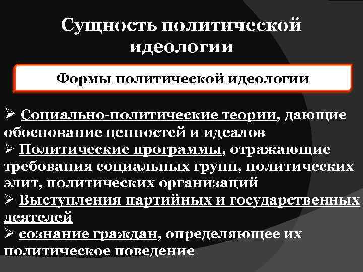 Сущность политической идеологии Формы политической идеологии Ø Социально-политические теории, дающие обоснование ценностей и идеалов