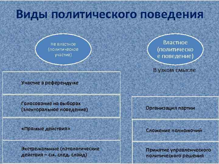 Виды политического поведения Не властное (политическое участие) Властное (политическо е поведение) В узком смысле