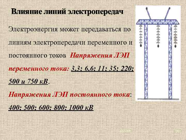 Влияние линий электропередач Электроэнергия может передаваться по линиям электропередачи переменного и постоянного токов Напряжения