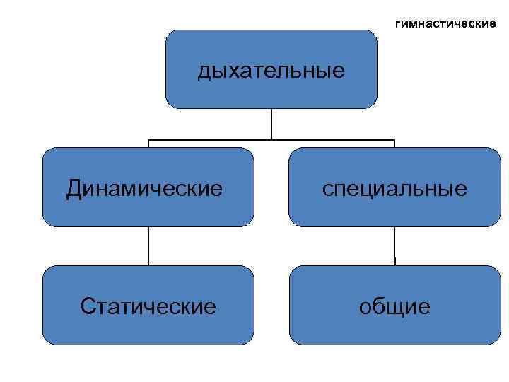 гимнастические дыхательные Динамические специальные Статические общие 