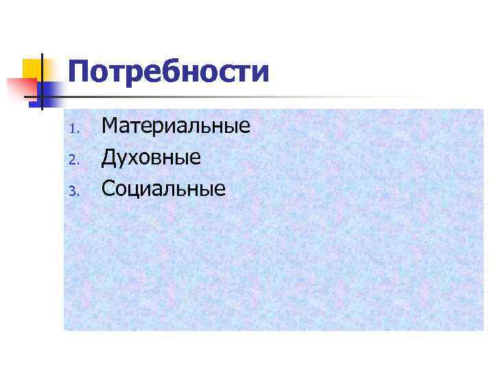 Потребности 1. 2. 3. Материальные Духовные Социальные 