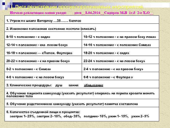 План противопролежневых мероприятий