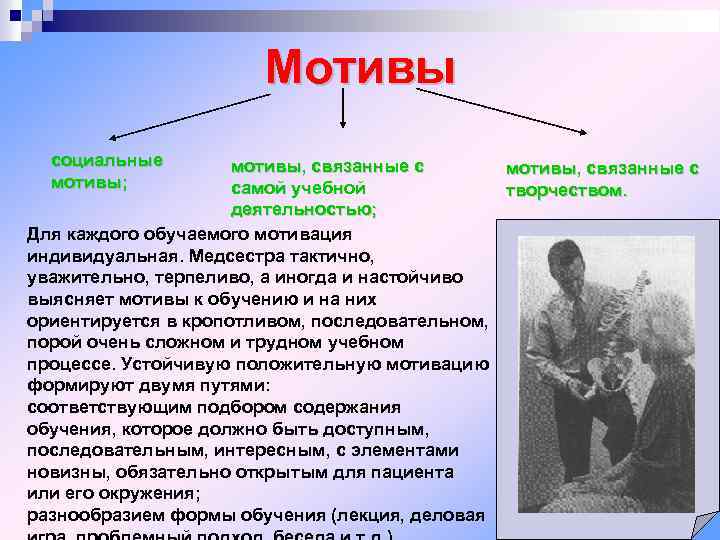 Мотивы социальные мотивы; мотивы, связанные с самой учебной творчеством. деятельностью; Для каждого обучаемого мотивация
