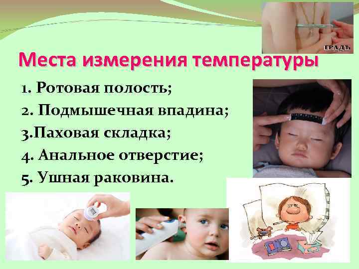 Места измерения температуры 1. Ротовая полость; 2. Подмышечная впадина; 3. Паховая складка; 4. Анальное