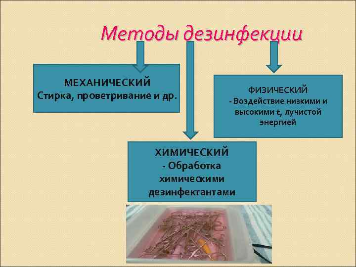 Методы дезинфекции МЕХАНИЧЕСКИЙ Стирка, проветривание и др. ФИЗИЧЕСКИЙ - Воздействие низкими и высокими t,