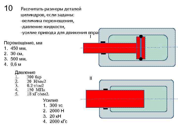 10 Рассчитать размеры деталей цилиндров, если заданы: -величина перемещения, -давление жидкости, -усилие привода для