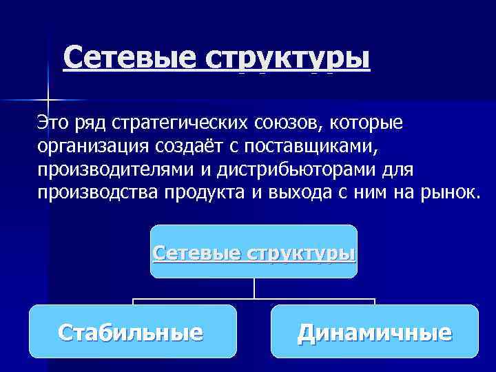 Сетевые структуры Это ряд стратегических союзов, которые организация создаёт с поставщиками, производителями и дистрибьюторами