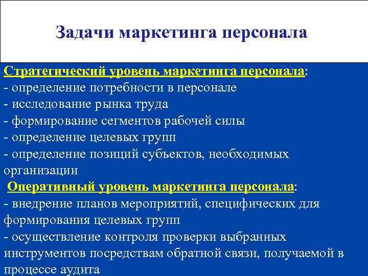 Задачи маркетинга персонала Стратегический уровень маркетинга персонала: - определение потребности в персонале - исследование