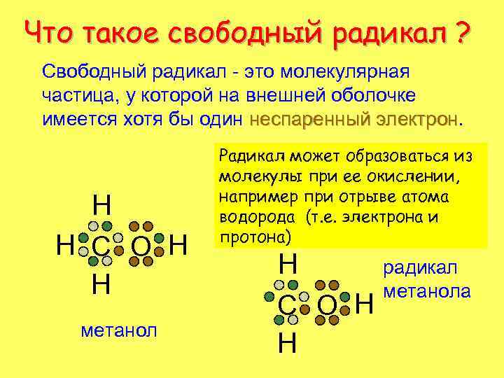 Что такое свободный радикал ? Свободный радикал - это молекулярная частица, у которой на