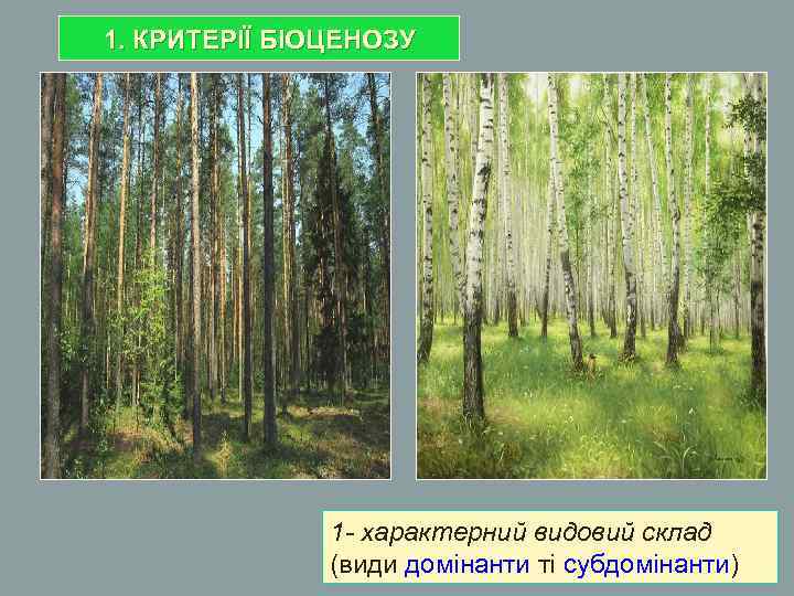 1. КРИТЕРІЇ БІОЦЕНОЗУ 1 - характерний видовий склад (види домінанти ті субдомінанти) 
