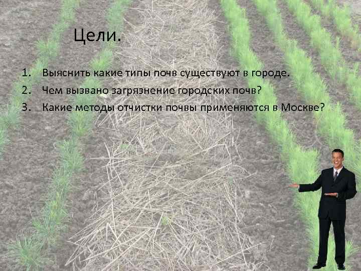 Цели. 1. Выяснить какие типы почв существуют в городе. 2. Чем вызвано загрязнение городских