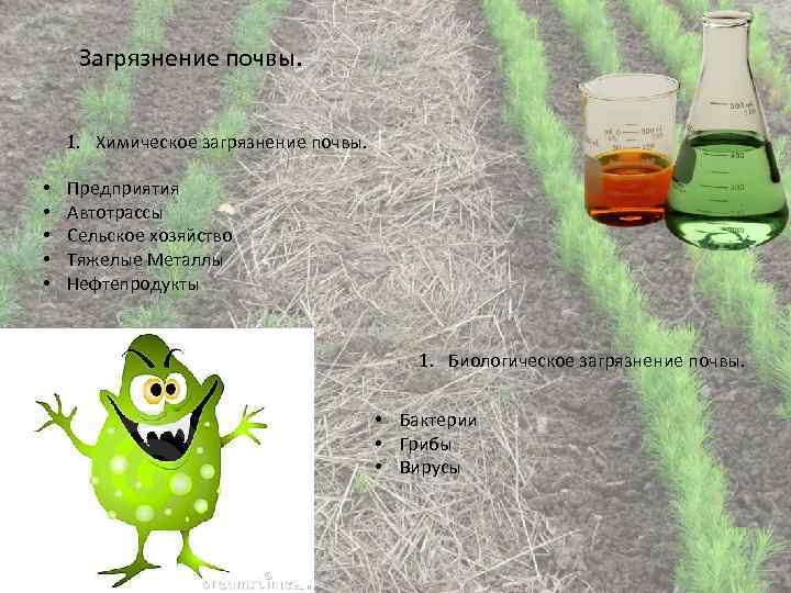 Загрязнение почвы. 1. Химическое загрязнение почвы. • • • Предприятия Автотрассы Сельское хозяйство Тяжелые