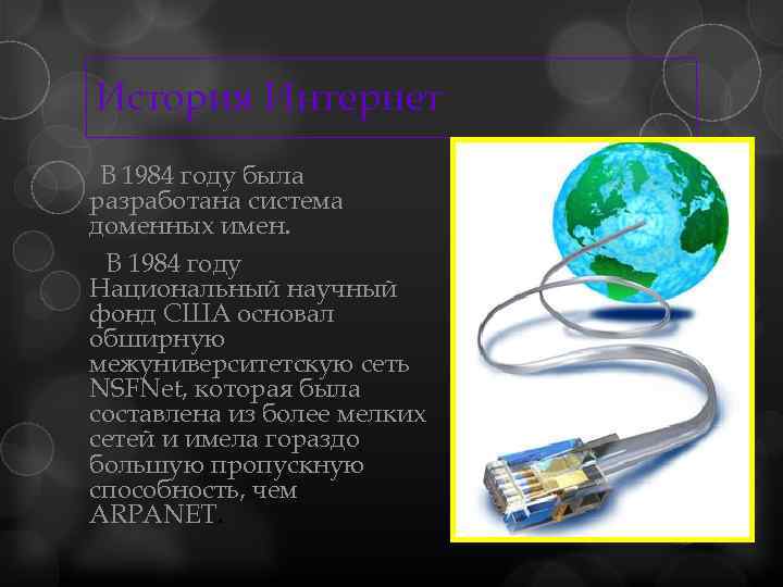 История Интернет В 1984 году была разработана система доменных имен. В 1984 году Национальный