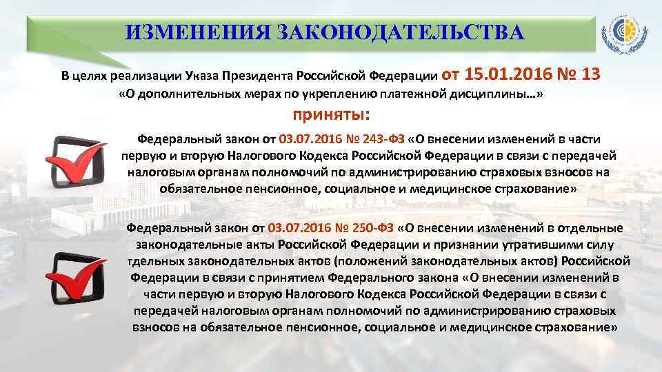 ИЗМЕНЕНИЯ ЗАКОНОДАТЕЛЬСТВА В целях реализации Указа Президента Российской Федерации от 15. 01. 2016 «О