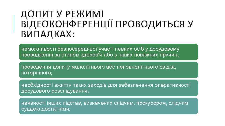 ДОПИТ У РЕЖИМІ ВІДЕОКОНФЕРЕНЦІЇ ПРОВОДИТЬСЯ У ВИПАДКАХ: неможливості безпосередньої участі певних осіб у досудовому