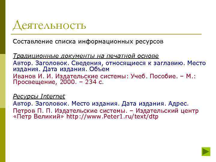 Деятельность Составление списка информационных ресурсов Традиционные документы на печатной основе Автор. Заголовок. Сведения, относящиеся