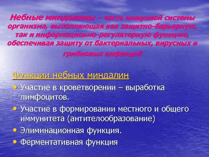 Небные миндалины – часть иммунной системы организма, выполняющая как защитно-барьерную, так и информационно-регуляторную функцию,