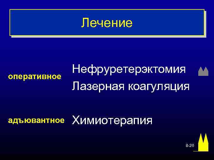 Лечение оперативное Нефруретерэктомия Лазерная коагуляция адъювантное Химиотерапия 8 -26 