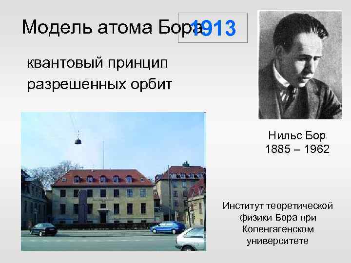 Модель атома Бора 1913 квантовый принцип разрешенных орбит Нильс Бор 1885 – 1962 Институт