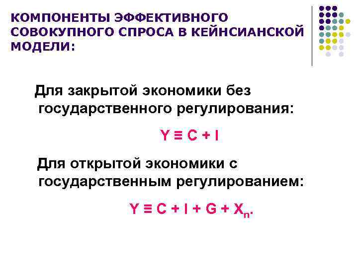 КОМПОНЕНТЫ ЭФФЕКТИВНОГО СОВОКУПНОГО СПРОСА В КЕЙНСИАНСКОЙ МОДЕЛИ: Для закрытой экономики без государственного регулирования: Y