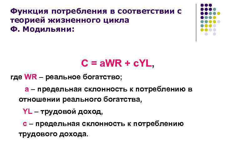 Функция потребления в соответствии с теорией жизненного цикла Ф. Модильяни: C = a. WR