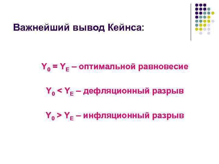 Важнейший вывод Кейнса: Y 0 = YE – оптимальной равновесие Y 0 < YE