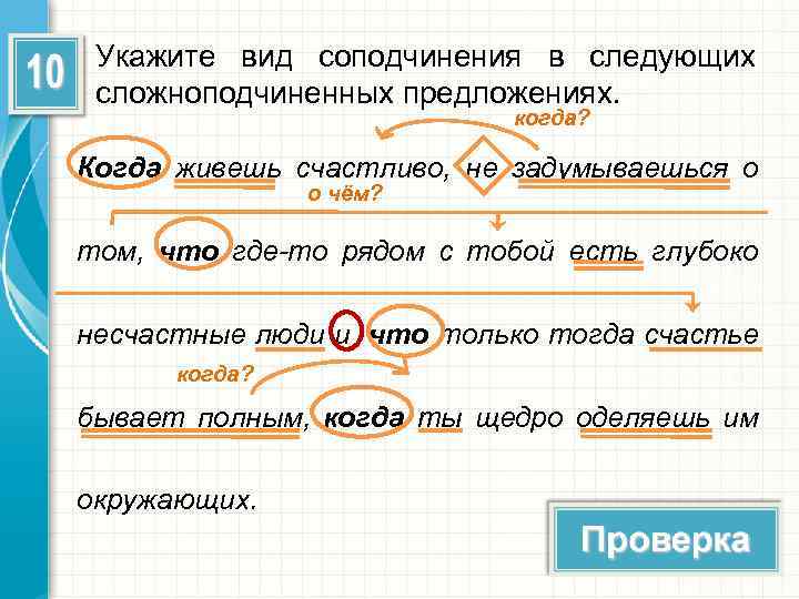 Укажите вид соподчинения в следующих сложноподчиненных предложениях. когда? Когда живешь счастливо, не задумываешься о